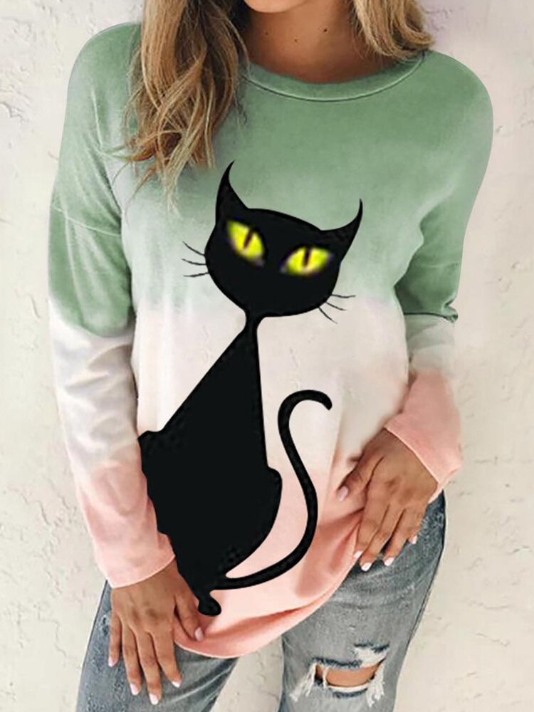 Gradients Cartoon Cat Print Long Sleeve Casual Blouse For Women P1762109