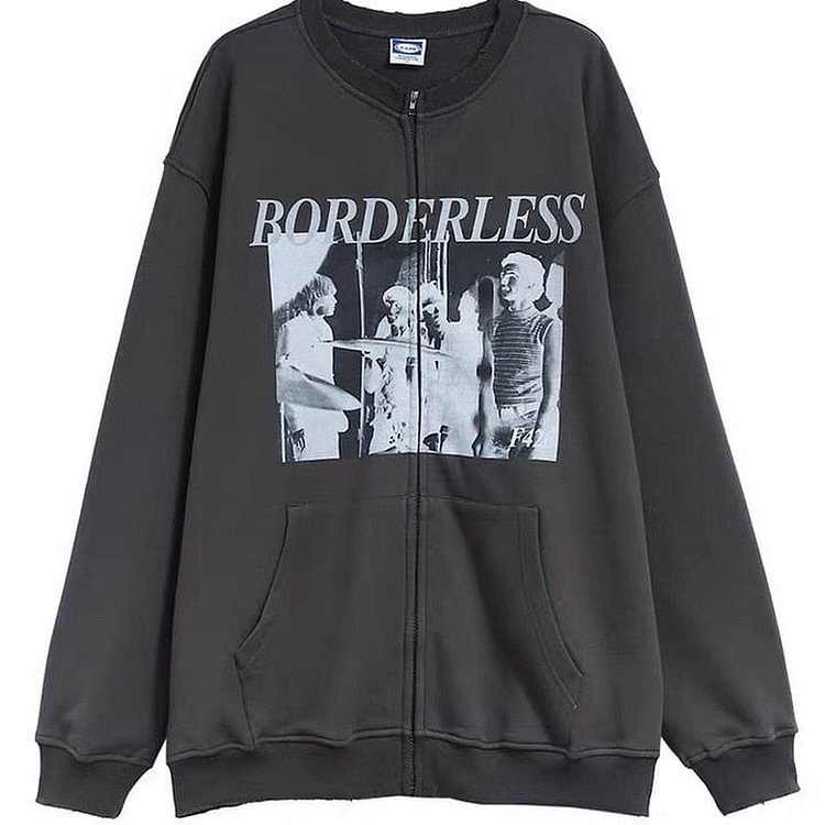 Large size European and American retro printed cardigan baseball jacket female high street hip-hop round neck zipper top women - BlackFridayBuys