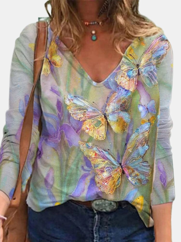 Multi color Butterflies Flower Print Long Sleeve Vintage Blouse For Women P1738075