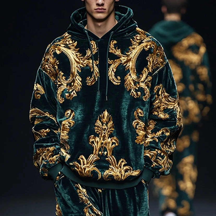Velvet Baroque Printed Hoodie Two Piece Suit-inspireuse