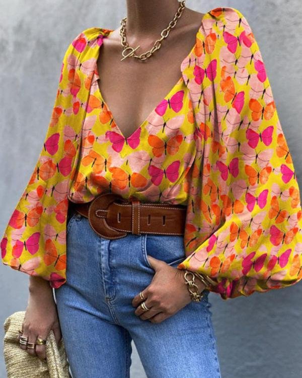 Elegant Loose Sleeves Butterfly Print Blouse - Chicaggo