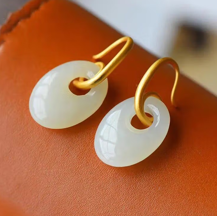 High Standard Huge Saving Tian jade peace button earrings eardrop French style temperament s925 silver restoring ancient ways for women White jade peace button earrings s925 pair
