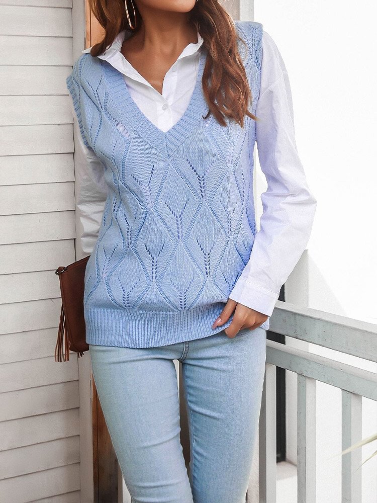 Argyle Pattern Knitted Sleeveless V-neck Hollow Solid Sweater - Shop Trendy Women's Clothing | LoverChic