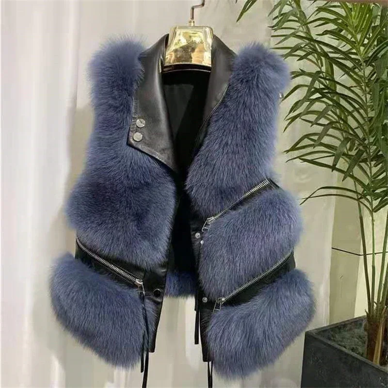 Woherb Faux Fur Vest Coat Women's Lapel Sleeveless Buckle Slim PU Leather Outerwear High Street Plush Fur One Piece Jack