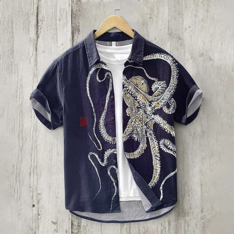 Comstylish Vintage Japanese Art Octopus Button Linen Blend Shirt