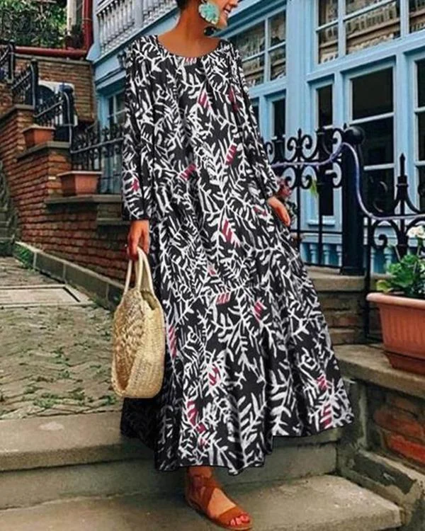 floral printed round neck long sleeve vintage dresses p336800