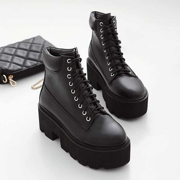 Black/Brown/White/Gray Square Heels Lace-up Platform Boots SP14544