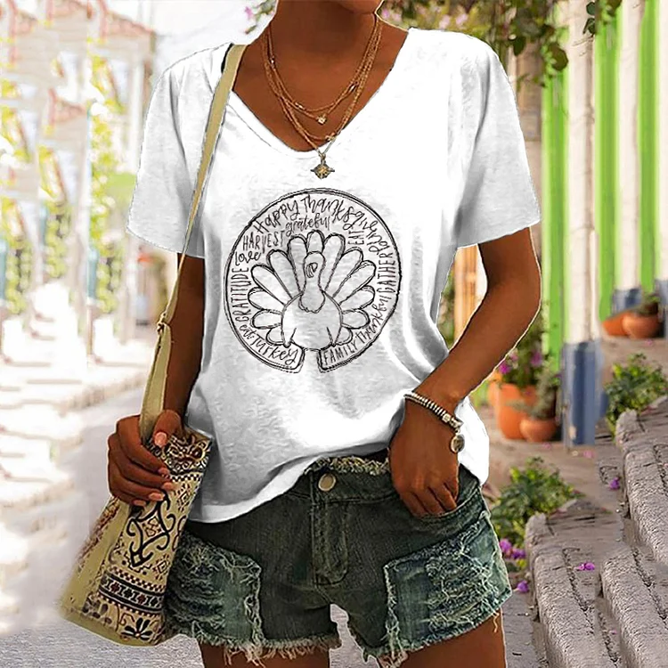 Vefave Turkey Thanksgiving Day Print T-Shirt