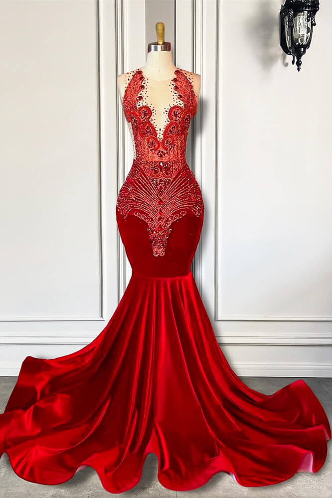 Dresseswow Red Scoop Sleeveless Mermaid Evening Gowns With Beadings Crystals