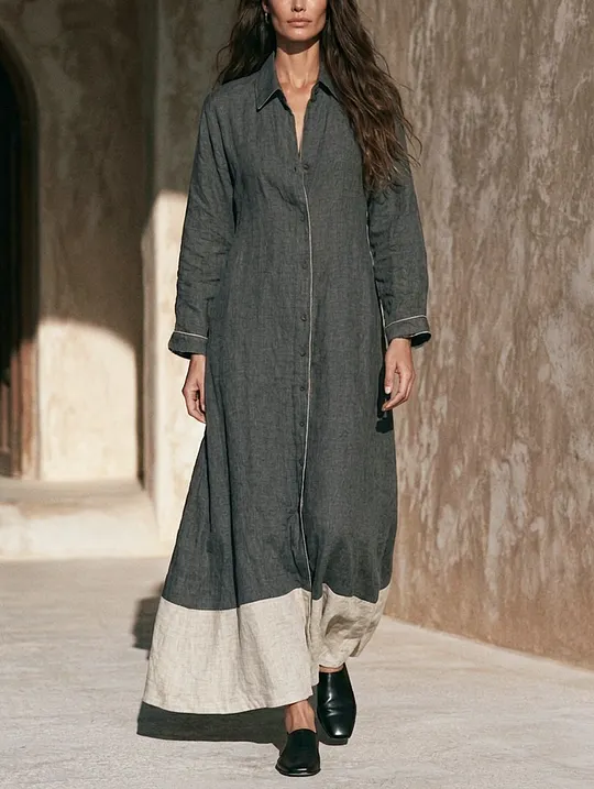Women's Casual Grey Cotton-linen Long-sleeved Maxi Dress MD