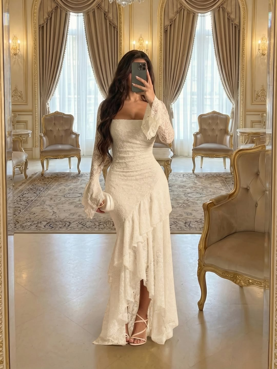Lussooy Elegant Cream Square Long Sleeves Lace Ruffles Evening Dress