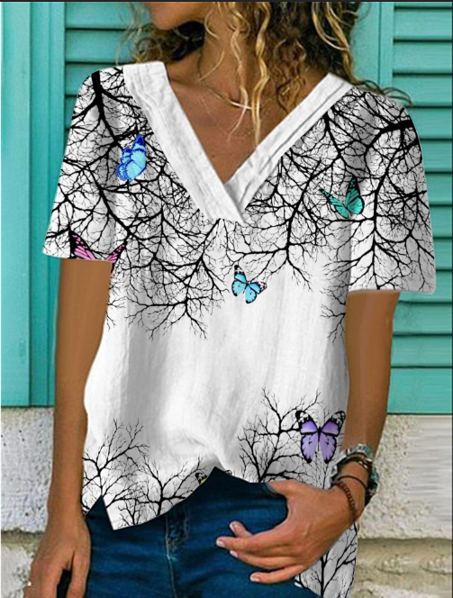 Short-sleeved cotton and linen multi-layer collar T-shirt