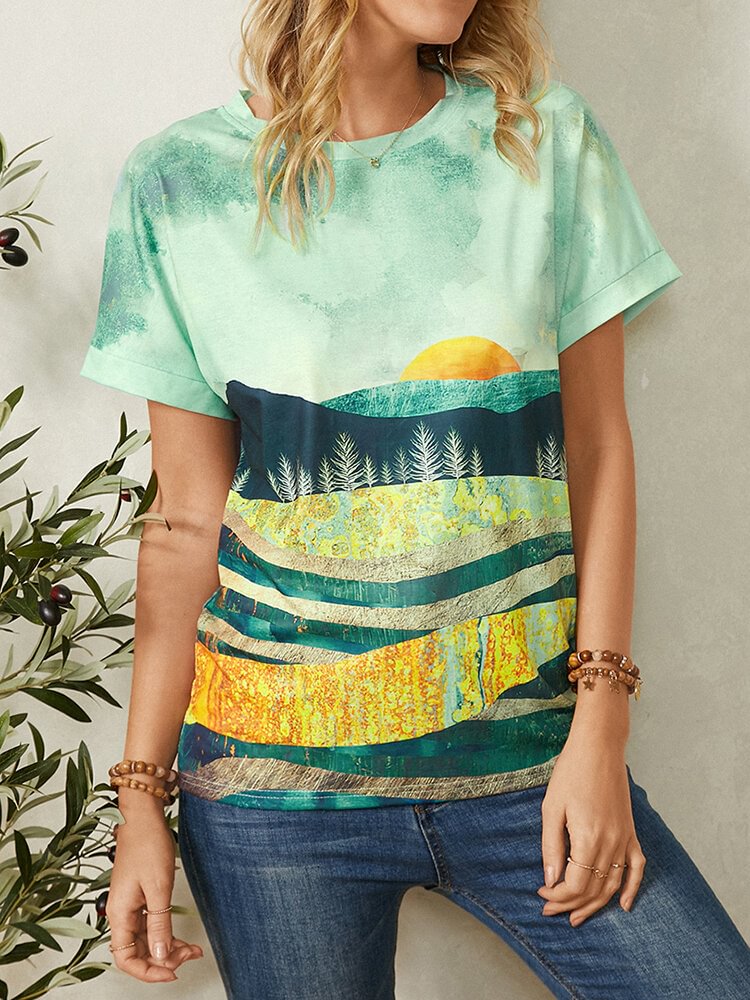 Landscape Print Short Sleeve O neck Casual T Shirt For Women P1820949