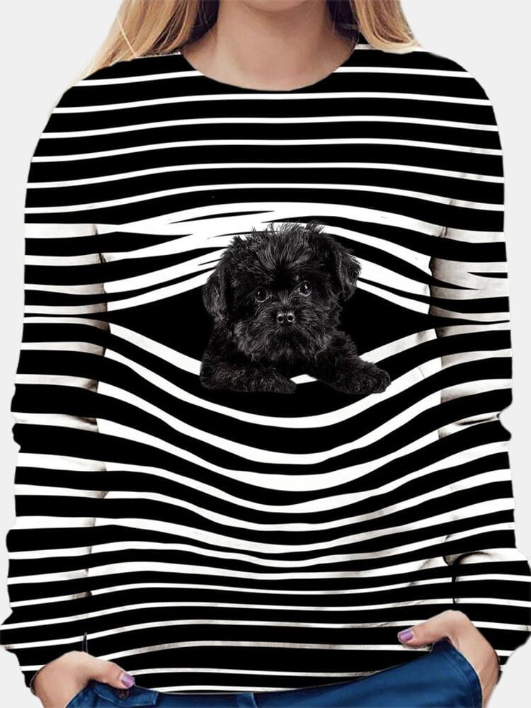 Stripe Dog Print Casual Long Sleeve O neck T shirt For Women P1772850
