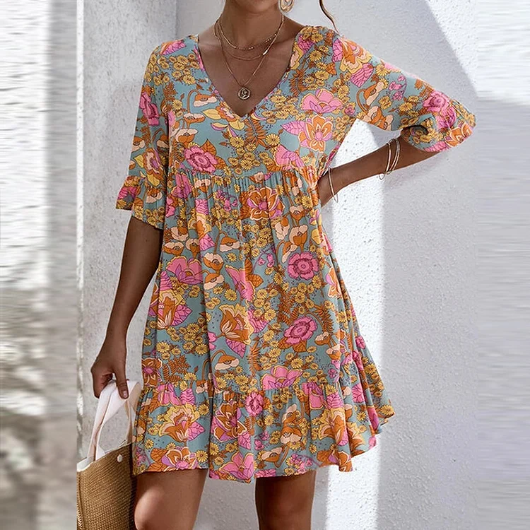 Ruffled Middle-Sleeve Floral-Print Dress Pleated Loose Pleated Skirt VangoghDress