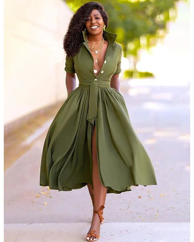 Women's A-Line Dress Midi Dress - Half Sleeve Split Summer Fall V Neck Hot Sexy Army Green Orange S M L XL-Cosfine