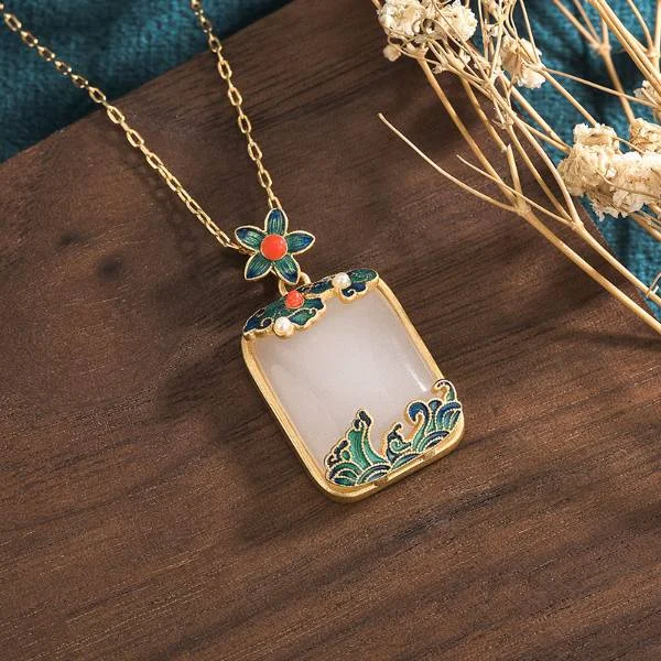 Natural Jade Flower Amulet Pendant Necklace