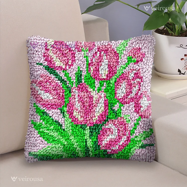 Pink Tulips Latch Hook Pillow Kit for Adult, Beginner and Kid veirousa