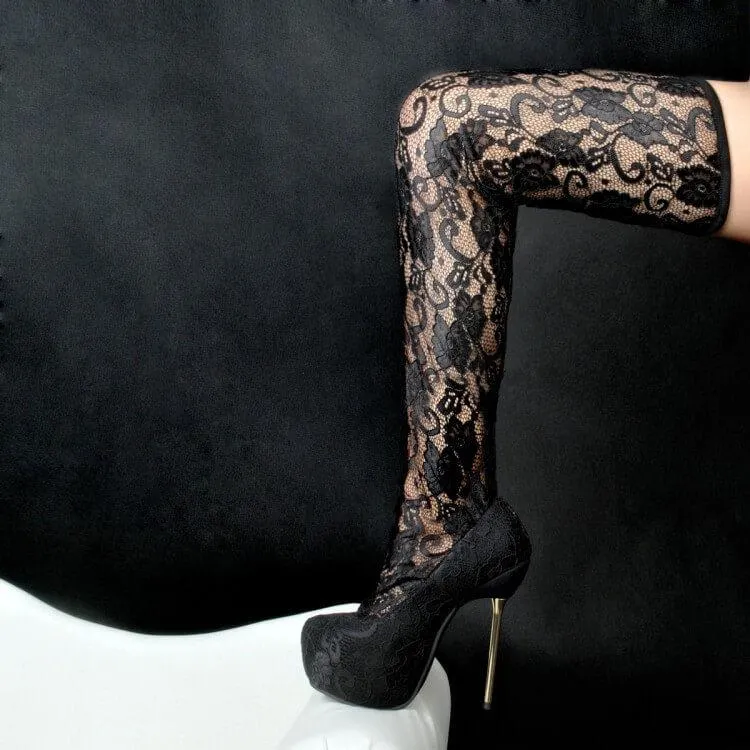 VCSHOES Black Closed Toe Lace Heel Platform Sandals