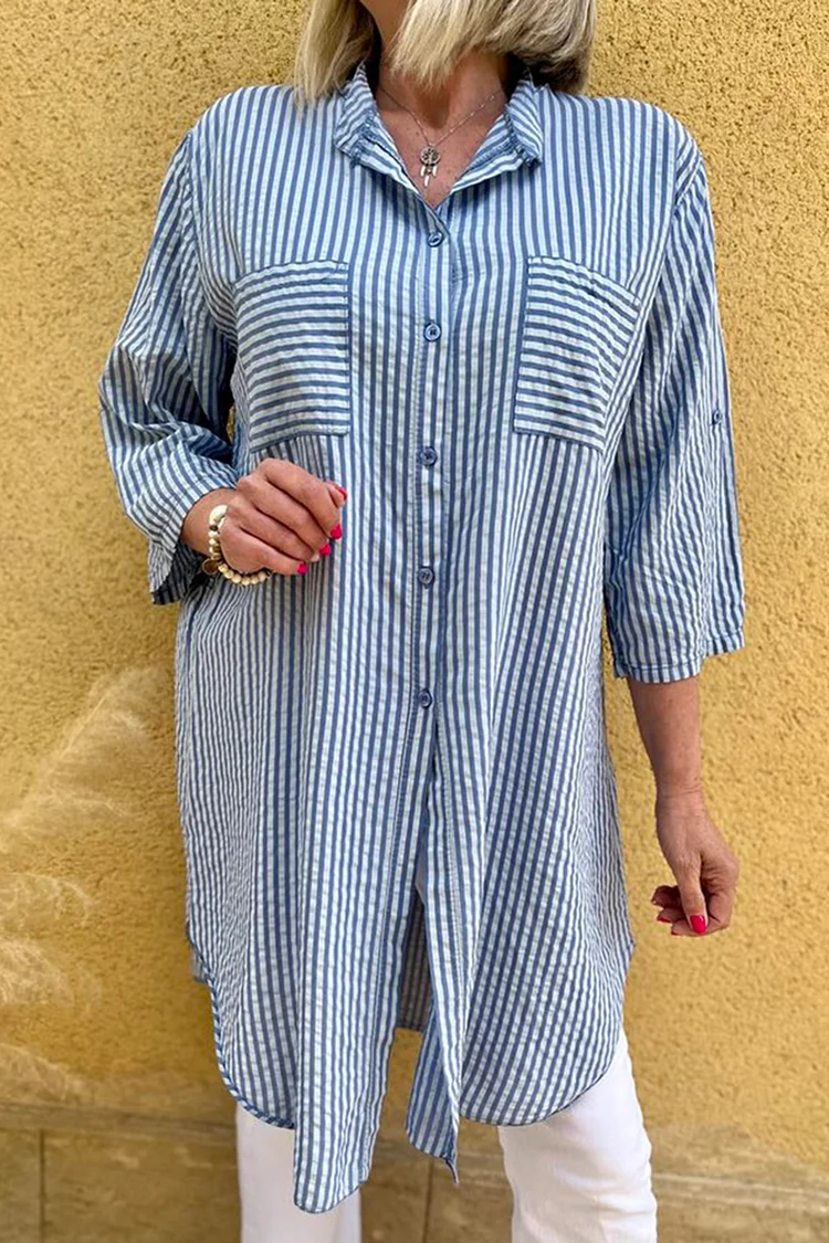 Striped Three Quarter Sleeve Turndown Collar Linen Shirt [Pre Order]