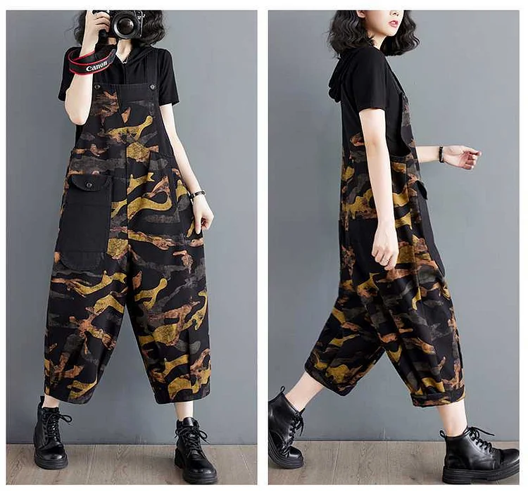Loose Printed Multi-Pocket Colorblocked Cropped Jumpsuit