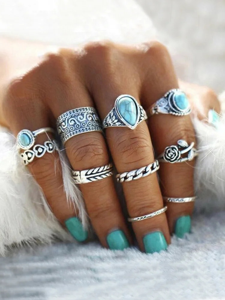 Comstylish Vintage Totem Flower Turquoise 10-piece Joint Combination Ring