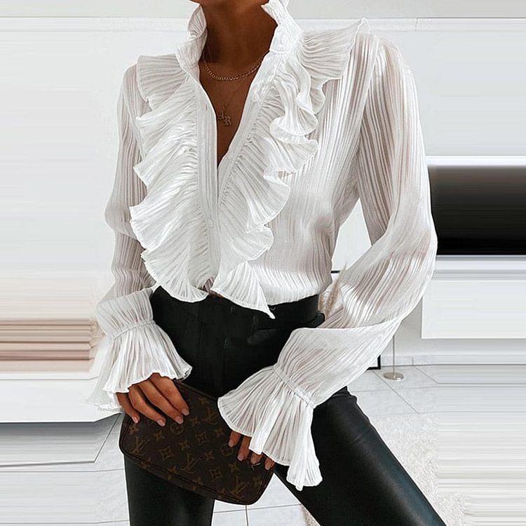 Denim Ruffled Long Sleeve Button Shirt Blouse Summer Sexy V Neck Pleated Chiffon Blouses Spring Elegant Office Lady Tops - BlackFridayBuys