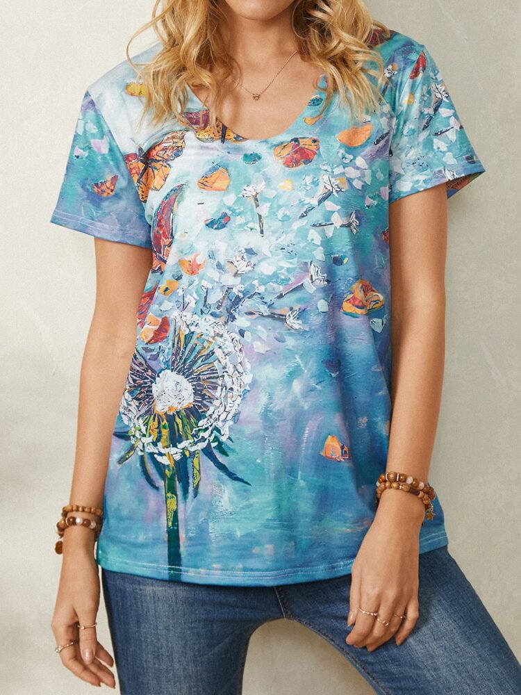 Butterfly Print V-neck Short Sleeve Casual T-Shirt For Women