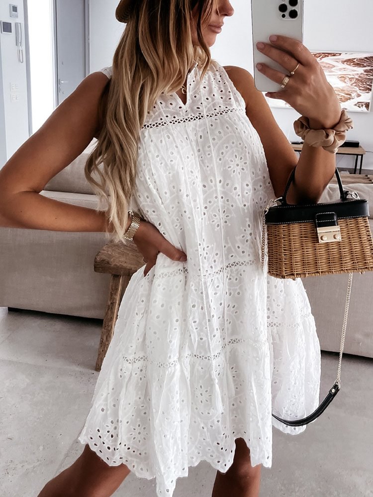 Elegant Women Solid Lapel Embroidery Flower Dress Solid Vintage Short Sleeve Slim Ruffles Dress Buttoned Shirt Sundress Cover Up
