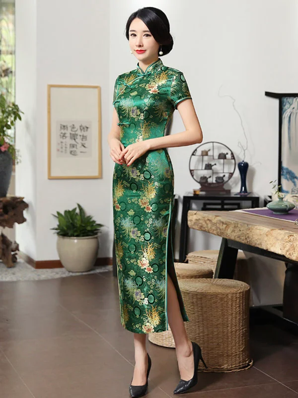 Vintage Split-Side Floral Stamped Short Sleeves Long Cheongsams