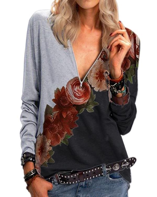 Flower Contrast Zipper Casual V-Neckline Blouses