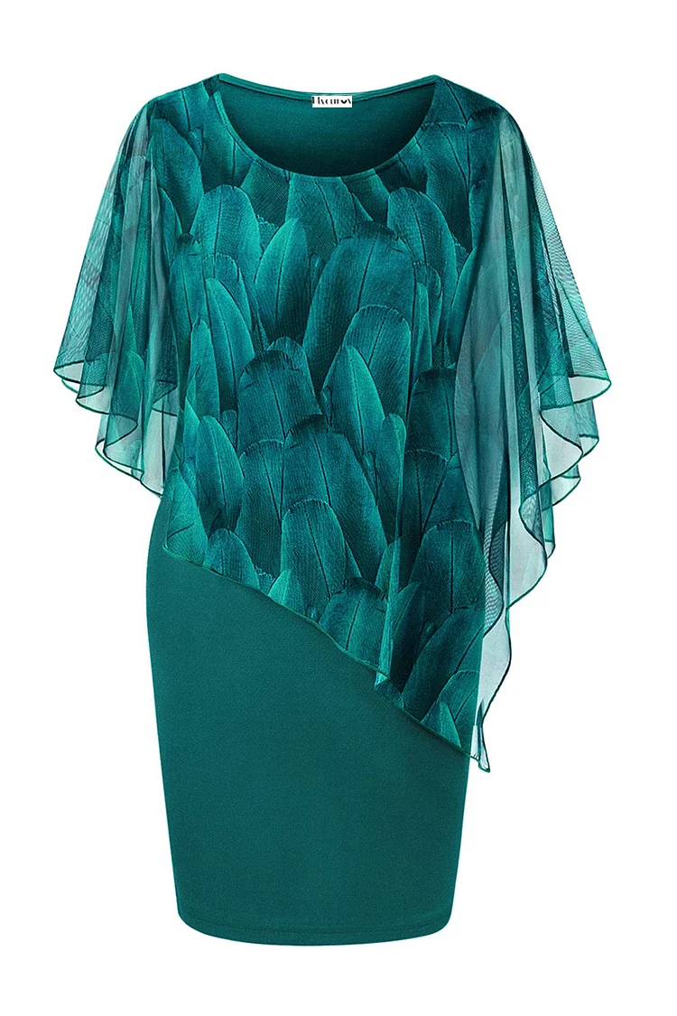 Flycurvy Plus Size Formal Turquoise Chiffon Plant Print Asymmetric Batwing Sleeve Layered Midi Dress  Flycurvy [product_label]