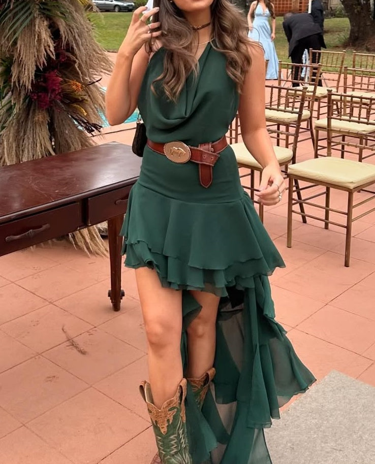 Halter Ruffle Irregular Backless Dress