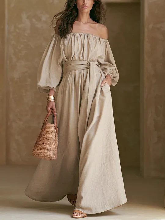 Women's Casual Khaki Cotton-Linen Off-Shoulder Long-Sleeve Jumpsuit MD