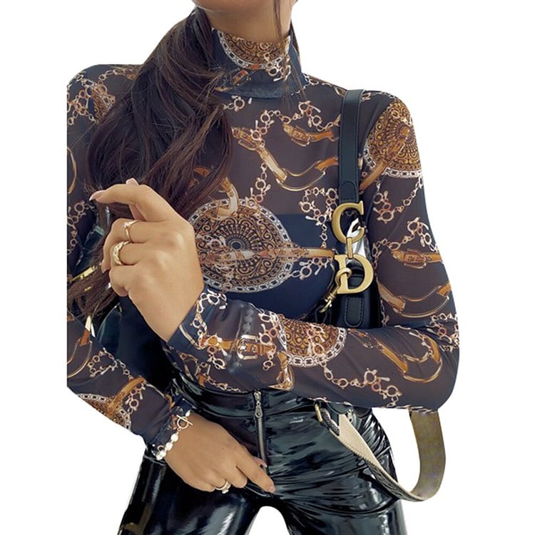 Sale Vintage Chain Printed T-Shirts Women Sexy Mesh Transparent Tops Long Sleeve Slim Tee Shirts Streetwear Turtleneck Tee D30 - BlackFridayBuys