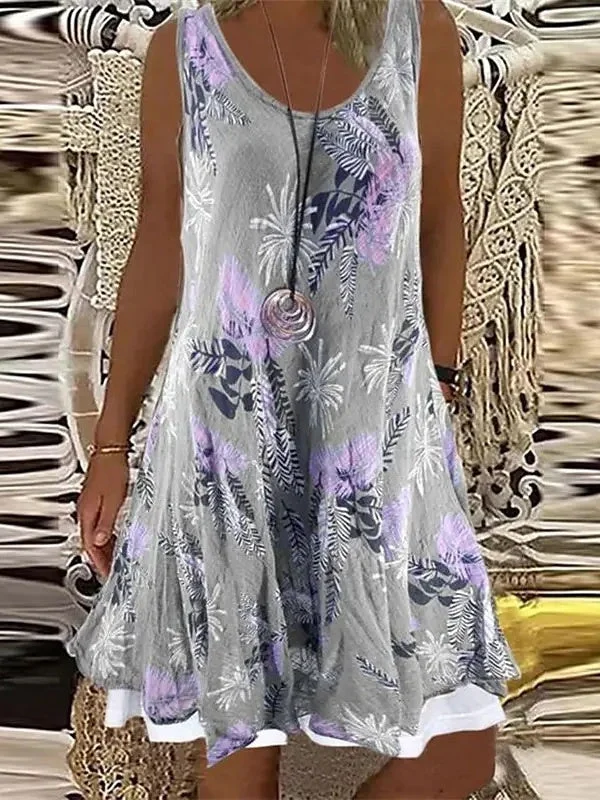 Women's U-neck Neck Sleeveless Casual Printed Fake Two-piece Dress