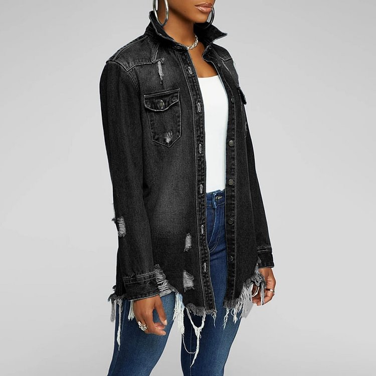 Vefave Casual Solid Long Sleeve Denim Jacket