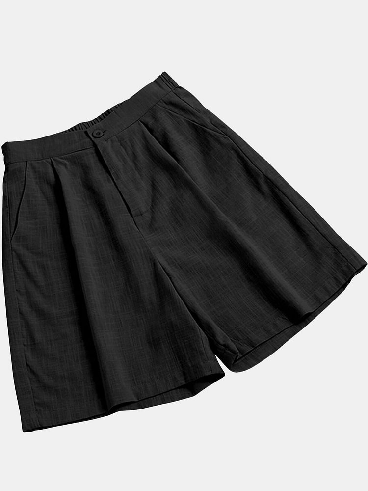 Solid Ruched Pocket Elastic Waist Button Casual Cotton Shorts - BlackFridayBuys