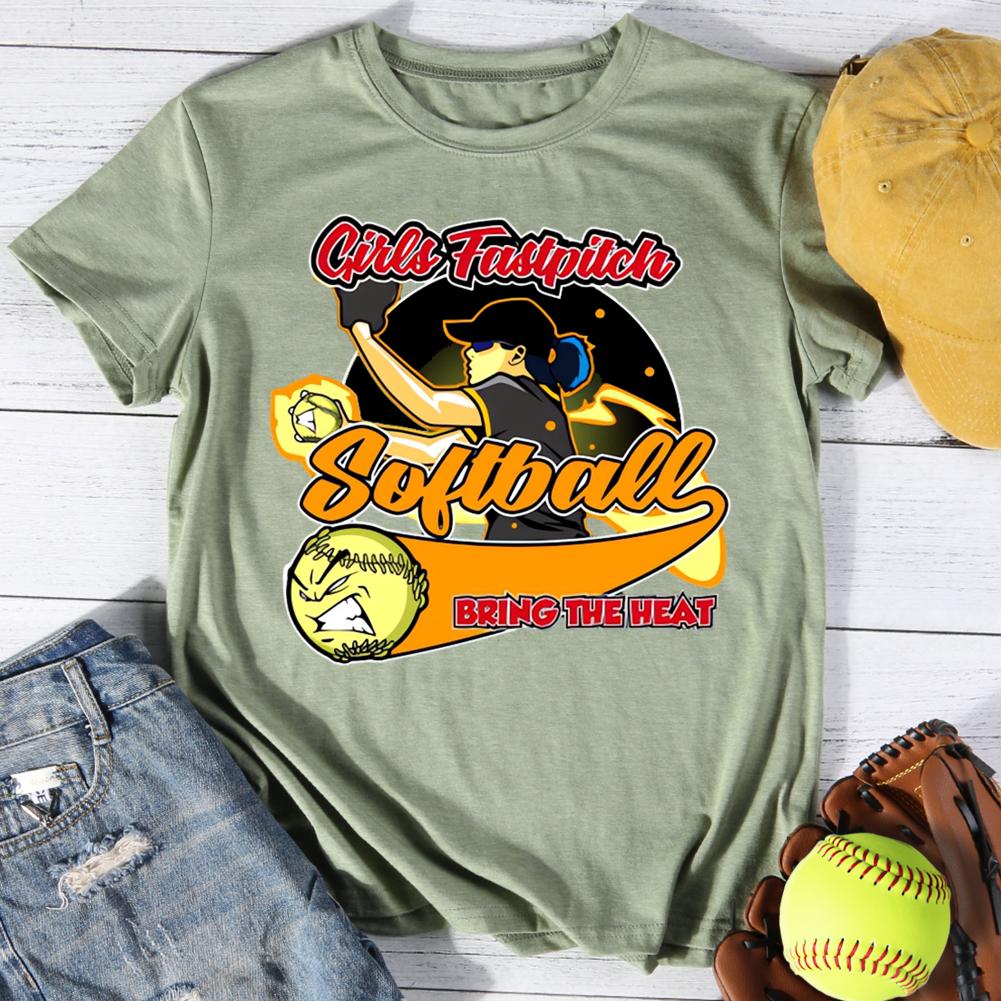 Girl Fastpitch Softball Bring The Heat Round Neck T-shirt-0025031-Guru-buzz