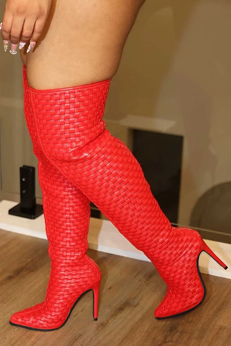 Crochet Zipper Pointy Toe Stiletto Heels Red Over The Knee Boots