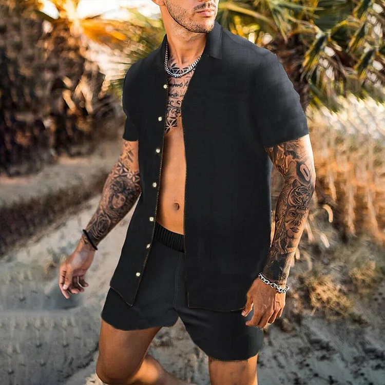 BrosWear Men Casual Solid Color Shirt Beach Shorts Set black