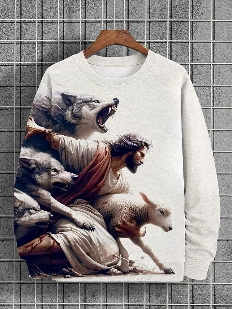 Men's Jesus Protects The Lambs From The Wolves Print Casual Sweatshirt