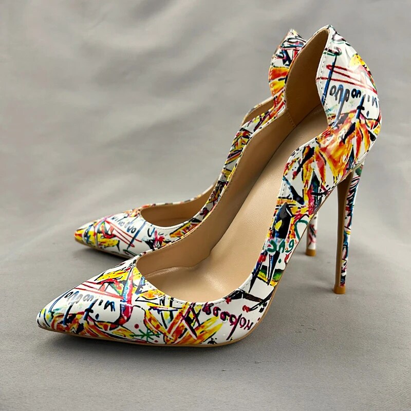 VCshoes Artistic Graffiti Print 12cm 10cm 8cm 6cm High Thin Heels Pointed Toe Plus Size 46 Women Pumps QP224