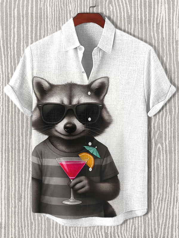 Men's Raccoon Loves Cocktail Print Short Sleeve Shirt
