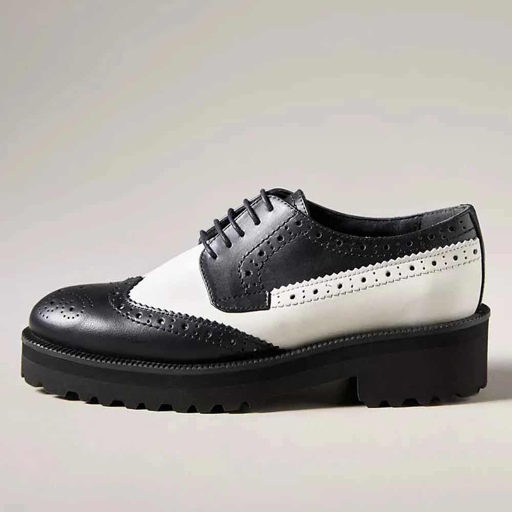 Women's Classic Black & White Round Toe Platform Wingtip Shoes Nicepairs