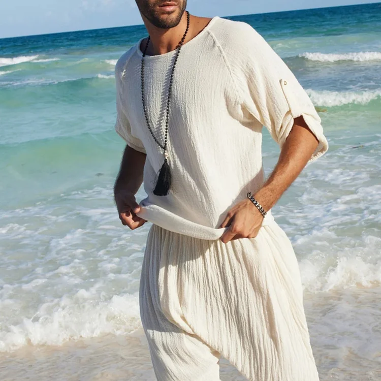 Mens Linen Minimalist Holiday Plain Half Sleeve Shirt