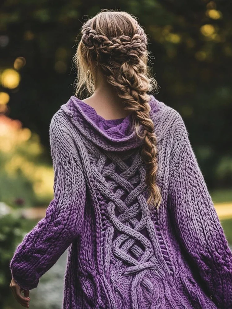 Women's Celtic Knot Gradient Color Chunky Knit Hooded Cardigan
