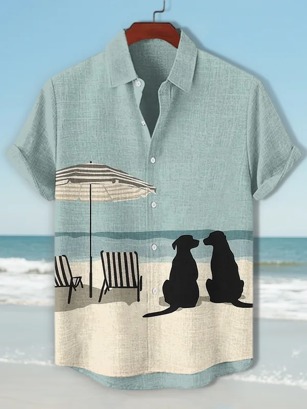 Men's Two Dogs On A Beach Vacation Print Short Sleeve Shirt