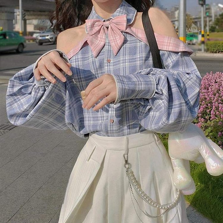 Blue Plaid Off The Shoulder Bow Blouse SP15727R
