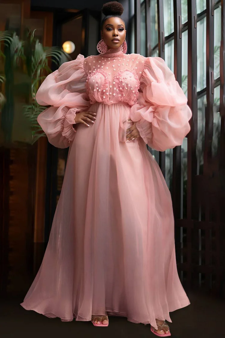 Plus Size Wedding Guest Maxi Dresses Elegant Pink Fall Winter Puff Sleeve Long Sleeve Pearls Mesh Maxi Dresses [Pre-Order]